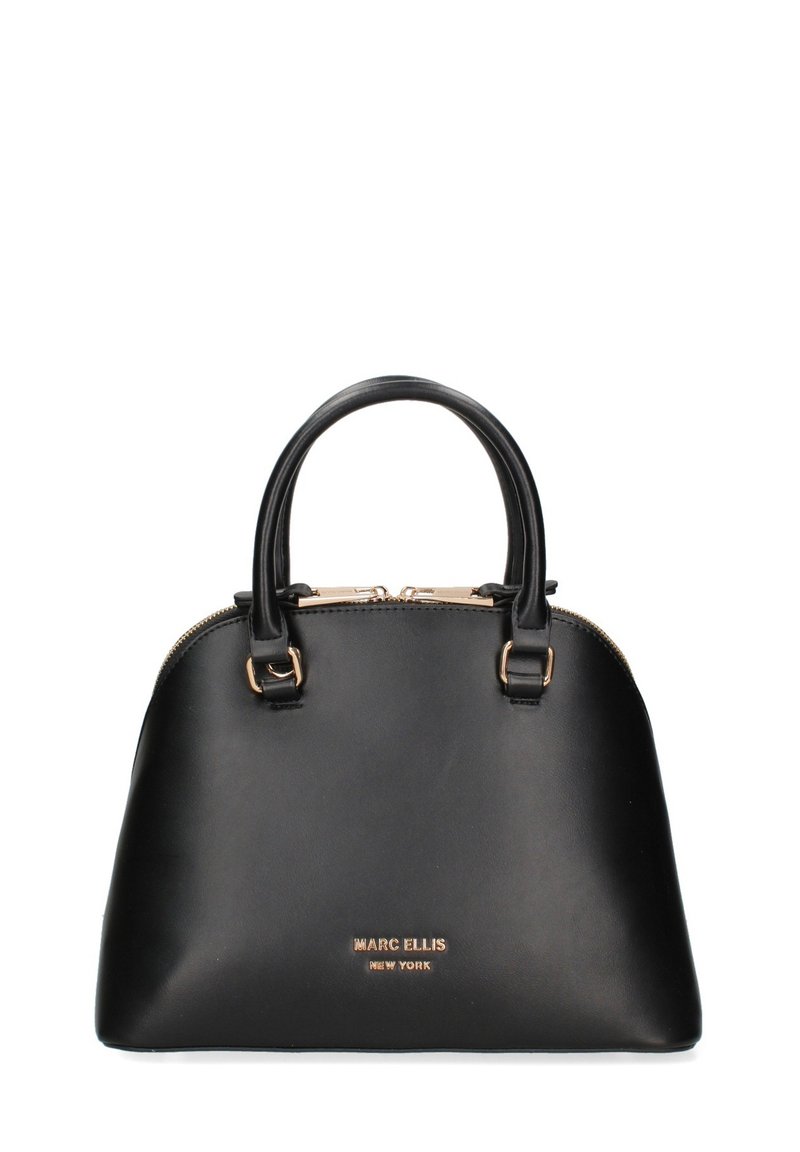 Borsa a tracolla nera in pelle con parte superiore arrotondata, doppi manici, accessori in ottone dorato e logo in rilievo sulla parte anteriore, dotata di chiusura con zip.