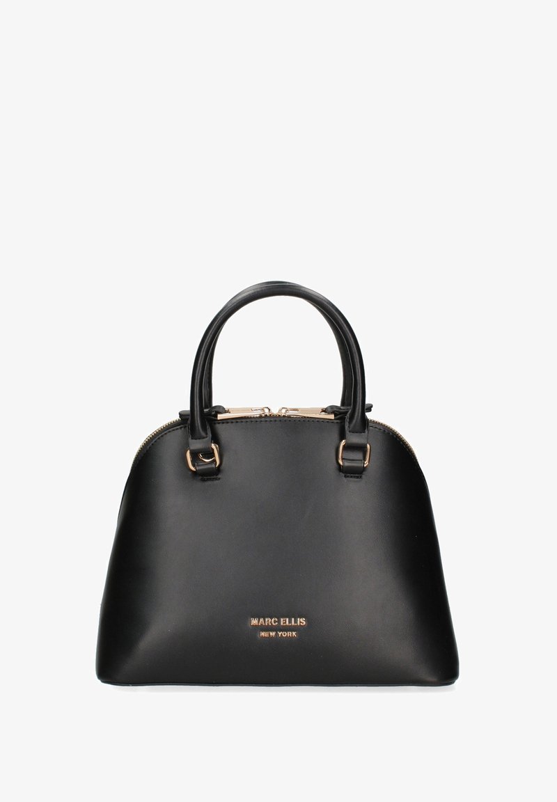 Borsa a tracolla nera in pelle con parte superiore arrotondata, doppi manici, accessori in ottone dorato e logo in rilievo sulla parte anteriore, dotata di chiusura con zip.