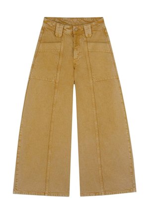 Pantaloni a gamba larga di un leggero colore senape, realizzati in denim con una texture liscia. Presentano due tasche frontali e una chiusura con bottone.
