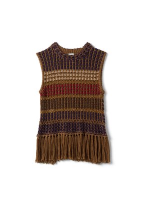 Ärmelloses Strickoberteil mit horizontalen Streifen in Braun, Beige, Rot und Marineblau, mit Rundhalsausschnitt und Fransen am Saum.