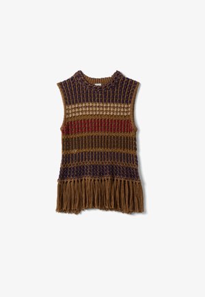 Ärmelloses Strickoberteil mit horizontalen Streifen in Braun, Beige, Rot und Marineblau, mit Rundhalsausschnitt und Fransen am Saum.