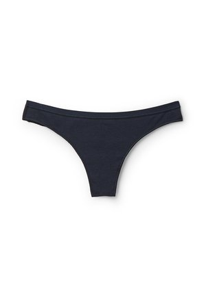 Navy-blaue Stringunterwäsche aus weichem Stoff, mit einem glatten Bund und einem Design mit minimaler Bedeckung. Keine sichtbaren Muster oder Akzente.
