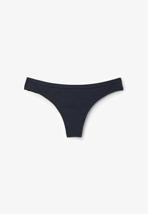 Navy-blaue Stringunterwäsche aus weichem Stoff, mit einem glatten Bund und einem Design mit minimaler Bedeckung. Keine sichtbaren Muster oder Akzente.