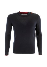 Maglione blu navy realizzato in tessuto a maglia, con scollatura tonda, bottoni sulle spalle in nero e rosso, e polsini e orlo a coste.
