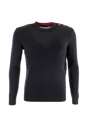 Suéter azul marino hecho de tejido de punto, con un cuello redondeado, botones en los hombros en negro y rojo, y puños y dobladillo acanalados.