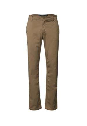 Chinos de algodón marrón con corte recto, que presentan una textura suave, bolsillos delanteros y un diseño de cinturilla simple.