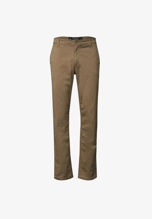 Hnědé bavlněné chinos s rovnými nohavicemi, které mají hladkou texturu, přední kapsy a jednoduchý design pasu.