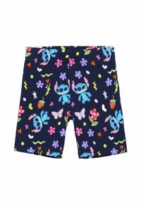 Marineblauwe shorts van zachte stof, met een speelse stijl met kleurrijke Stitch-personages, bloemen, harten en bliksemschichten.