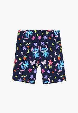 Tumedat šortsid pehmest kangast, millel on rõõmsameelne disain värvikate Stitch'i tegelaste, lillede, südame ja välkudega.
