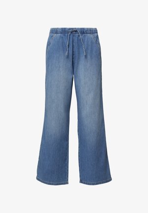 Pantalons en denim à jambes larges de couleur bleu clair, dotés d'une taille élastique avec cordon de serrage. Deux poches latérales et une texture lisse.