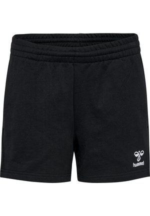 Zwarte sport shorts met een elastische tailleband, gemaakt van zachte stof. Heeft twee zijzakken en een klein wit logo aan de onderkant vooraan.