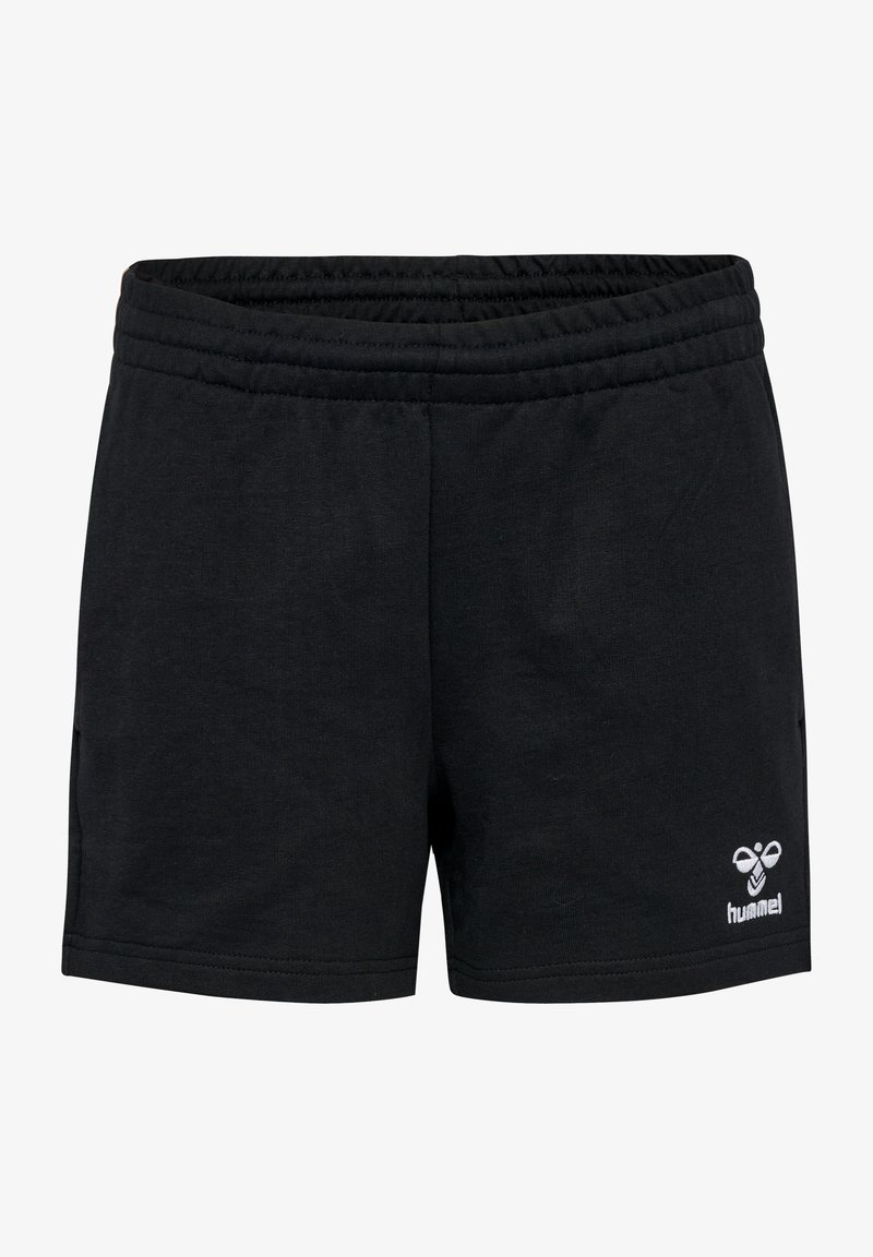 Pantalones cortos deportivos negros con una cintura elástica, hechos de una tela suave. Tiene dos bolsillos laterales y un pequeño logo blanco en la parte delantera inferior.