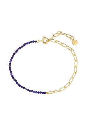 Goldplattiertes Armband mit einer Reihe kleiner, facettierter blauer Edelsteine und einer Kettenverlängerung für individuelle Längenanpassung.