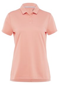 Světle růžové polo tričko z hladké látky, s klasickým límečkem, tříknoflíkovou légou a krátkými rukávy.