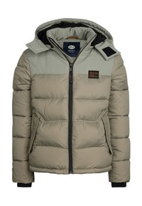 Giacca imbottita di un beige chiaro con un pannello superiore verde. Presenta una zip, tasche e un cappuccio removibile. Tessuto testurizzato con una patch logo.