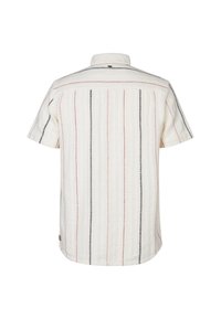 Korte mouwen shirt in lichtbeige stof met rode en zwarte verticale strepen. Voorzien van een button-down kraag en een rechte zoom.