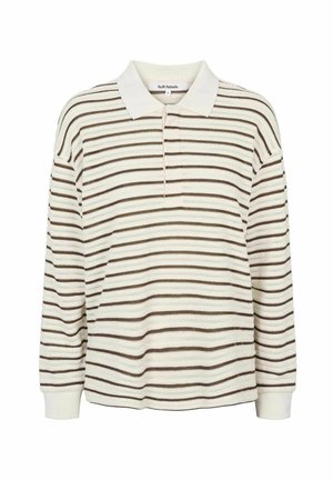 Polo de rayas en color crema con rayas marrones, con cuello clásico, mangas largas y puños acanalados. Tejido texturizado.