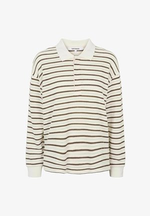 Koszulka polo w paski w kolorze kremowym z brązowymi paskami, posiadająca klasyczny kołnierzyk, długie rękawy i ściągacze przy mankietach. Tkanina o fakturze.