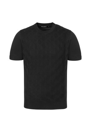 Czarny krótkim rękawem, dzianinowy t-shirt z fakturowanym wzorem fal i okrągłym dekoltem, rozmiar średni, metka Karl Lagerfeld wewnątrz kołnierza.