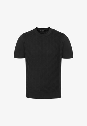 Czarny krótkim rękawem, dzianinowy t-shirt z fakturowanym wzorem fal i okrągłym dekoltem, rozmiar średni, metka Karl Lagerfeld wewnątrz kołnierza.