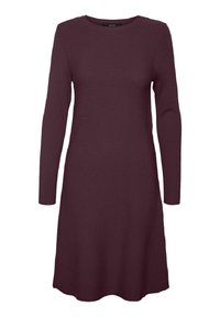 Pitkähihaisen syvän burgundin värisen mekon valmistettu ribbikankaasta; polvipituinen A-linja muotoilu, jossa on pyöreä pääntie ja hienovarainen tekstuuri.