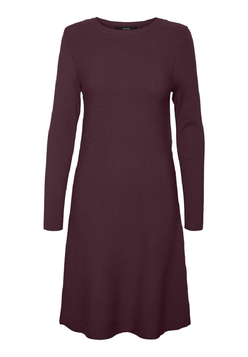 Pitkähihaisen syvän burgundin värisen mekon valmistettu ribbikankaasta; polvipituinen A-linja muotoilu, jossa on pyöreä pääntie ja hienovarainen tekstuuri.