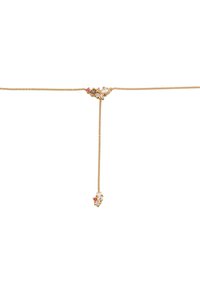 Guld halskæde med et centralt floralt design med pink og hvide ædelsten. Kæden har et Y-formet fald med en mindre floral accent.