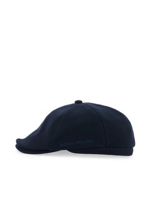Casquette plate bleu marine foncé avec panneaux cousus et petit bouton sur le dessus, embossée avec "Boggi Milano" sur le côté.