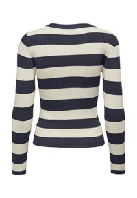 Gestreepte ribgebreide trui in marineblauw en roomwit, met een getailleerde pasvorm en lange mouwen, een ronde halslijn en een gestructureerde stof.