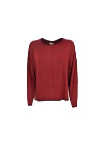 Maglione rosso a maniche lunghe in maglia con collo rotondo, caratterizzato da una cucitura centrale sul davanti e un orlo a costine. Texture liscia, vestibilità comoda.