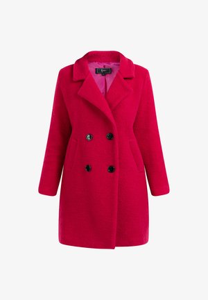 Růžový vlněný kabát s dvojitým zapínáním, klopovým límcem, dvěma předními kapsami a černými knoflíky. Hladká textura, střední délka.