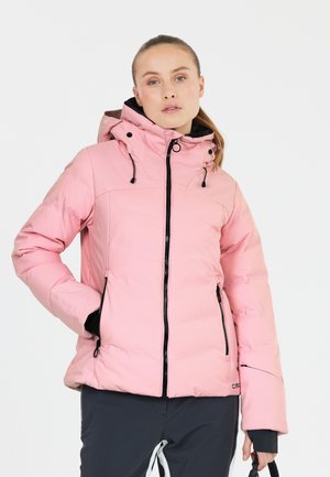 Pudret pink jakke med hætte, justerbare snore og sidelukninger. Har sorte detaljer og en struktureret pasform, designet til varme.