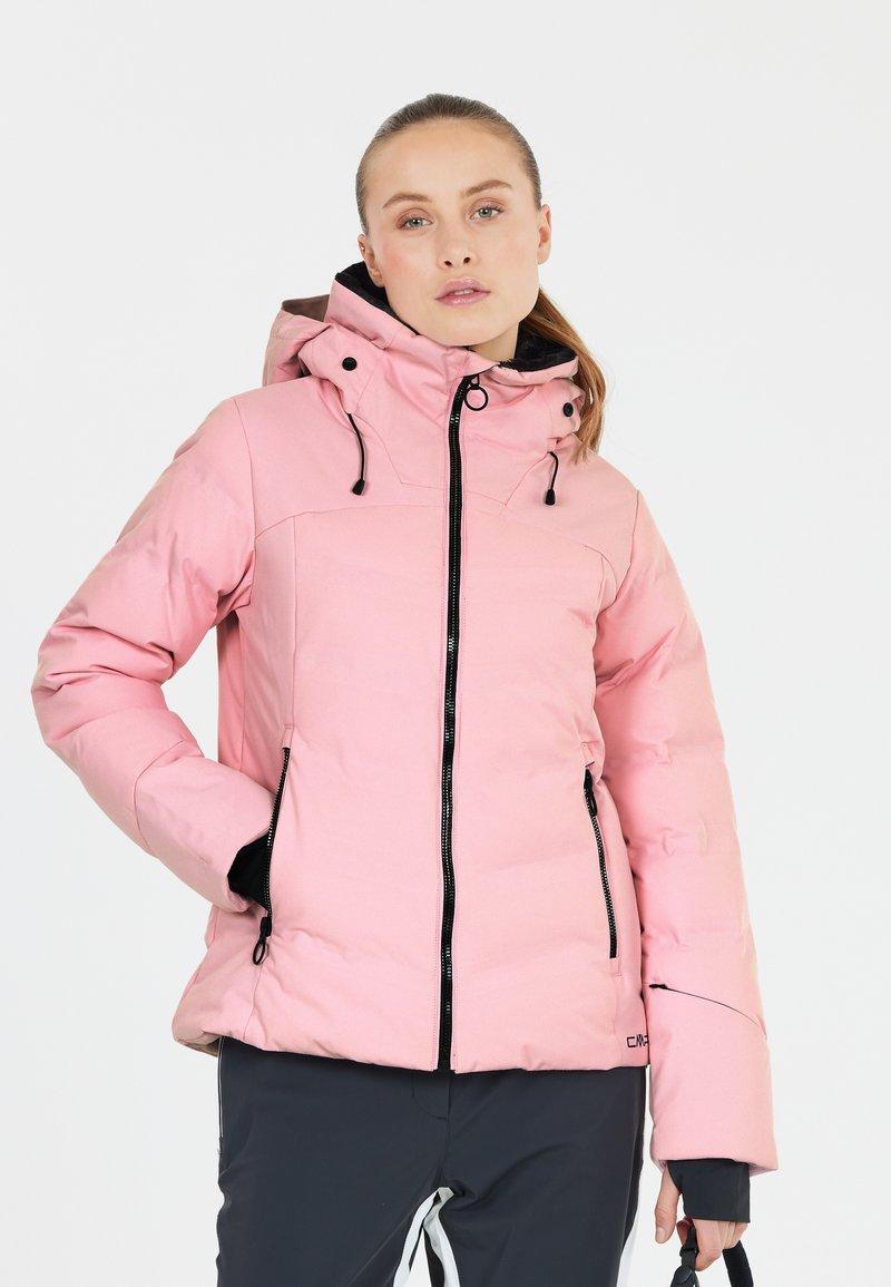 Vadderad rosa jacka med huva, justerbara snören och siddragkedjor. Har svarta detaljer och en strukturerad passform, designad för värme.