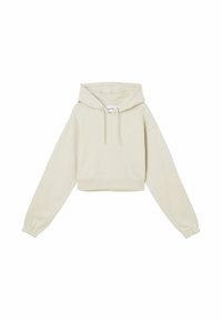 Sudadera recortada en beige claro, con capucha ajustable, puños elásticos y un pequeño logotipo bordado en el pecho. Textura de tela suave.
