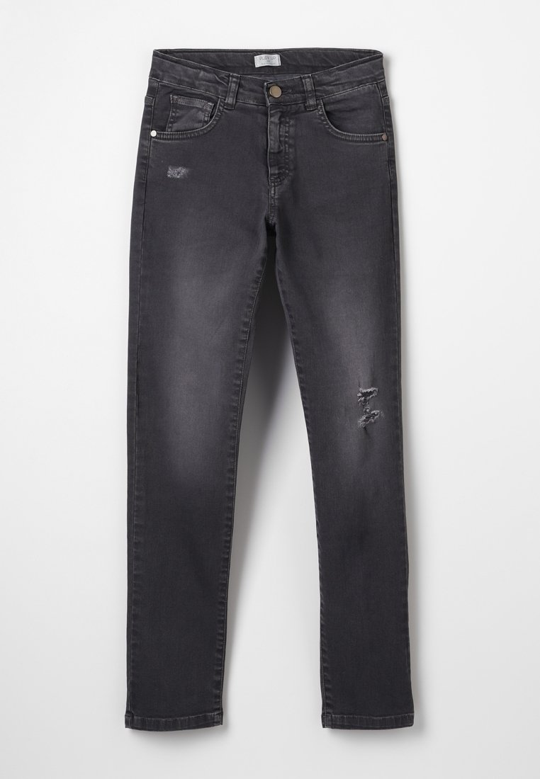 Jean skinny noir avec légère usure sur le haut de la cuisse et le genou, doté de poches avant et arrière ainsi que de passants pour ceinture.