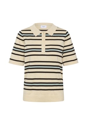 Polo beige a maniche corte con strisce orizzontali nere e azzurre chiare e una patta con tre bottoni.