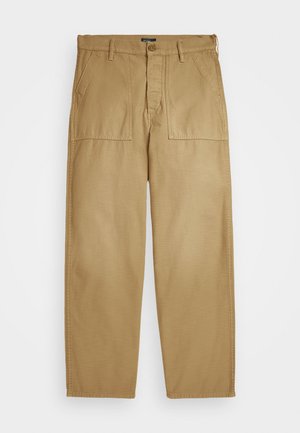 Khaki pants made of cotton, featuring a straight leg design, two front pockets, a button fly, and stitched accents.