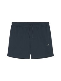 Mörkblå shorts för män gjorda av mjukt tyg, med resårmidja och dragsko samt en liten vit logodetalj på sidan.