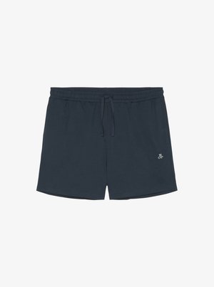 Donkerblauwe heren shorts van zachte stof, met een elastische tailleband en een trekkoord, en een klein wit logo detail aan de zijkant.