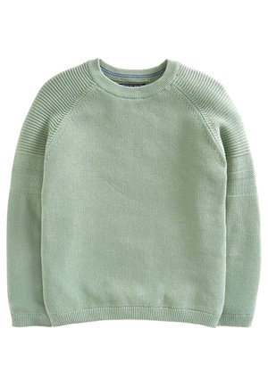 Pull vert clair tricoté avec encolure ronde côtelée, motifs texturés sur les épaules et les manches, et poignets et ourlet côtelés.
