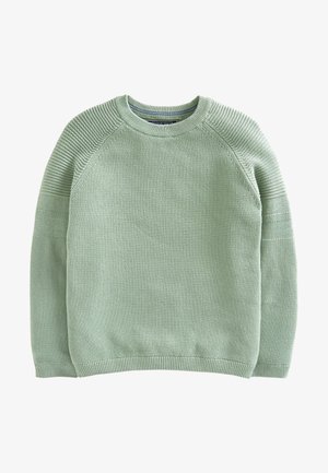 Pull vert clair tricoté avec encolure ronde côtelée, motifs texturés sur les épaules et les manches, et poignets et ourlet côtelés.