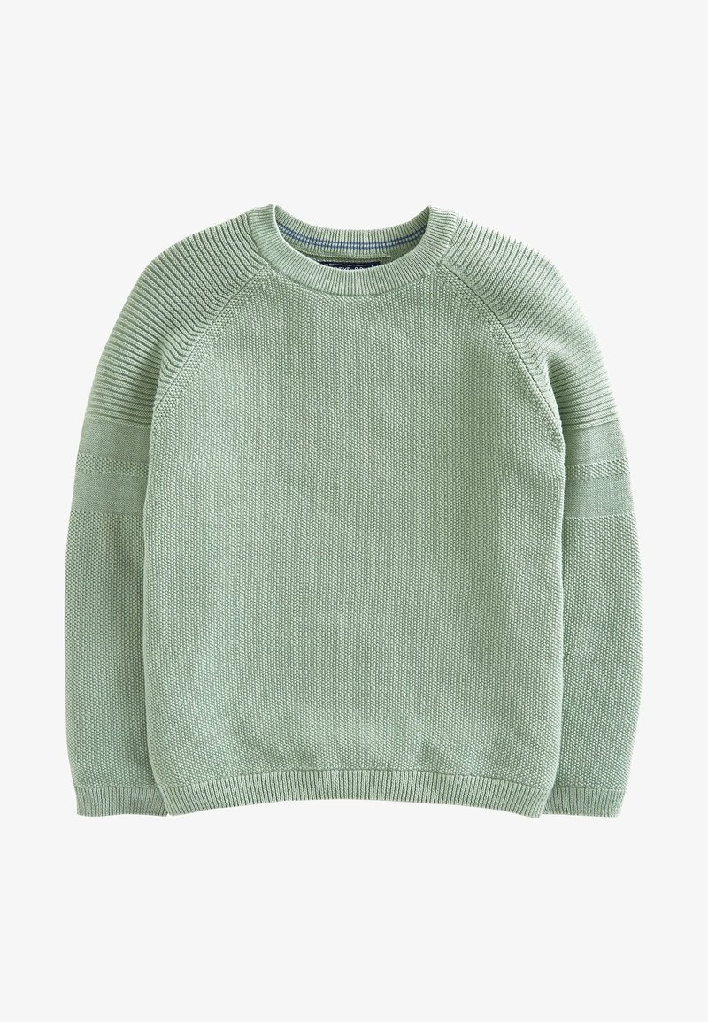 Pull vert clair tricoté avec encolure ronde côtelée, motifs texturés sur les épaules et les manches, et poignets et ourlet côtelés.