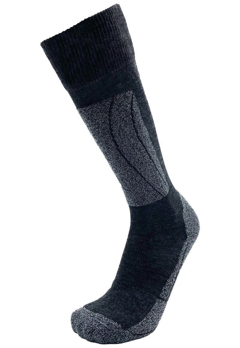 Gestrickte kniehoge Socke in dunkelgrau mit hellgrauen Akzenten. Verfügt über verstärkte Ferse und Zehen, gerippten Bund und strukturierte Gewebeabschnitte.