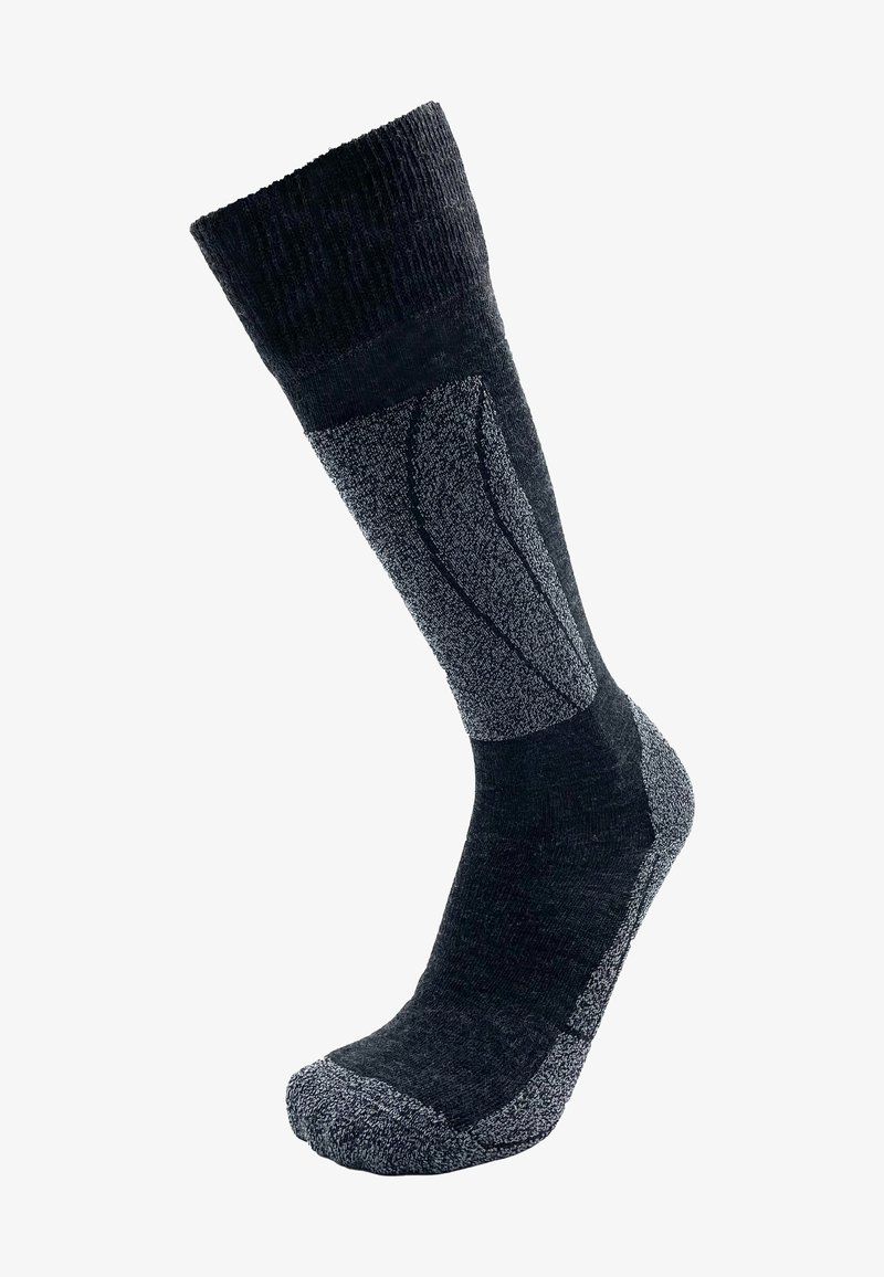 Knitted knee-high sock in dark gray with light gray accents. Features reinforced heel and toe, ribbed cuff, and textured fabric sections.