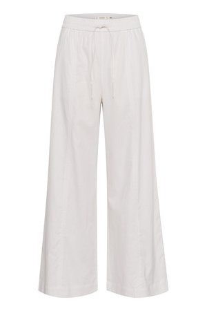 Wijdvallende broek van zacht witte stof, met een elastische tailleband en een trekkoord, een gladde textuur en zonder extra versieringen.