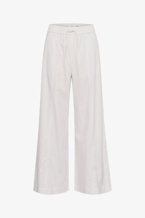 Pantaloni a gamba larga in morbido tessuto bianco, caratterizzati da un elastico in vita con cordoncino, texture liscia e senza ulteriori adornamenti.
