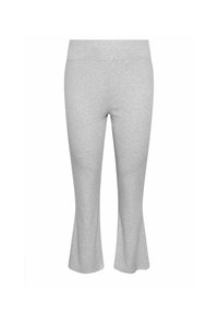 Ljusgrå byxor tillverkade av mjukt tyg, med en utsvängd nederdel och en bred, elastisk midja för komfort.