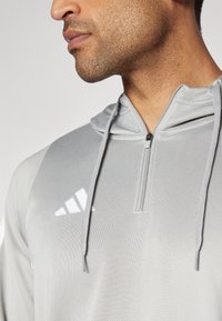 Grijze sportieve pullover met een rits en kap, met een gladde textuur en een wit logo op de linkerborst. Verstelbare trekkoorden.