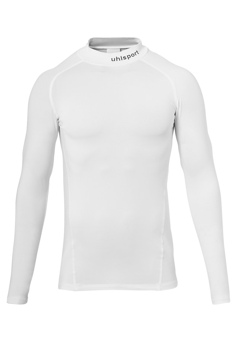 Witte sporttop met lange mouwen en hoge kraag, gemaakt van rekbaar synthetisch materiaal, met logo detail op de hals.