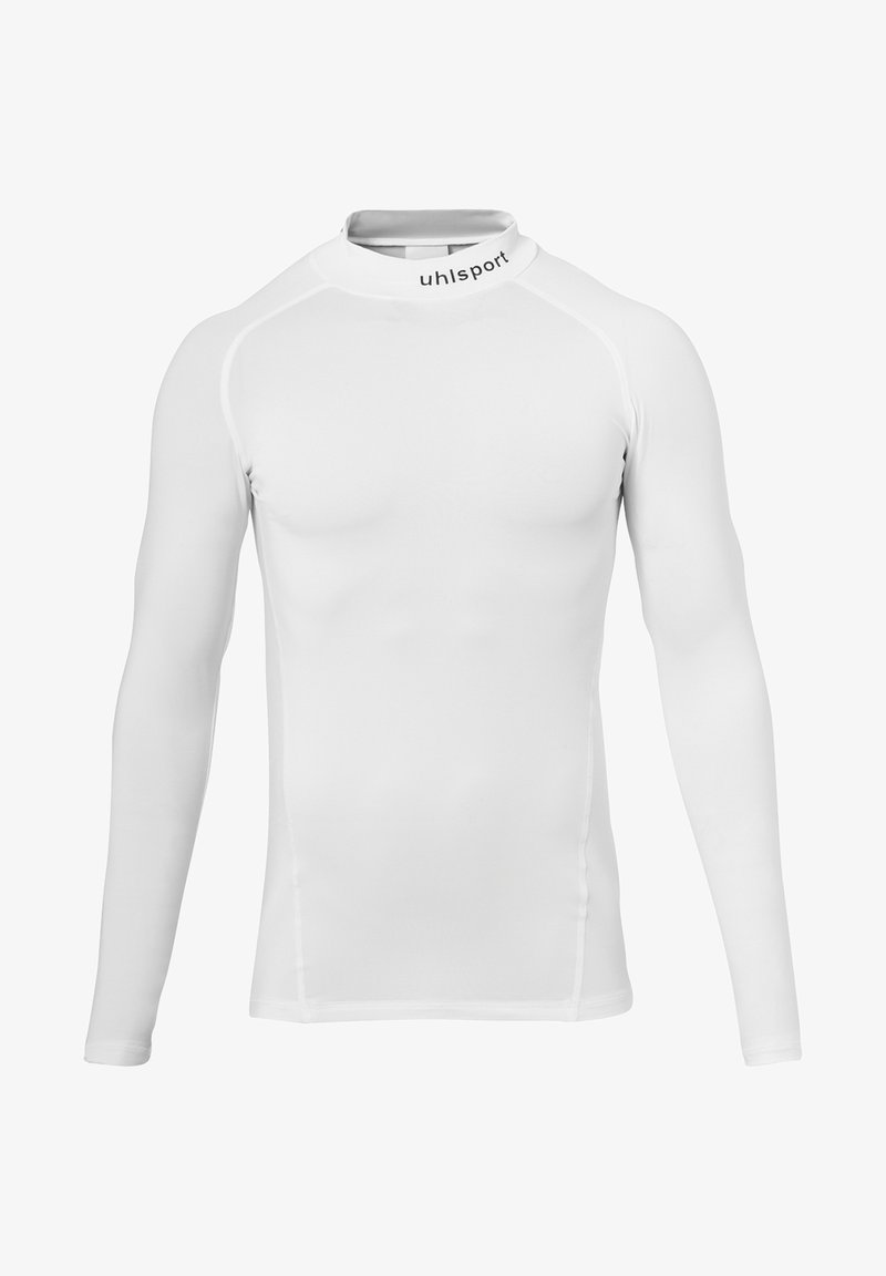 Witte sporttop met lange mouwen en hoge kraag, gemaakt van rekbaar synthetisch materiaal, met logo detail op de hals.